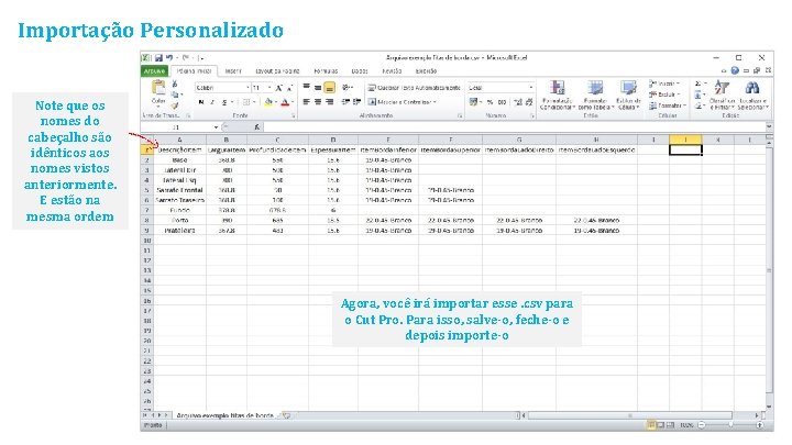 Importação Personalizado Note que os nomes do cabeçalho são idênticos aos nomes vistos anteriormente.