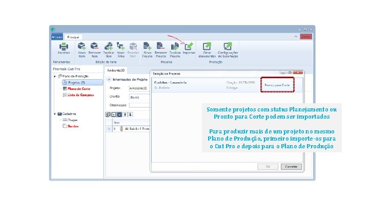 Somente projetos com status Planejamento ou Pronto para Corte podem ser importados Para produzir