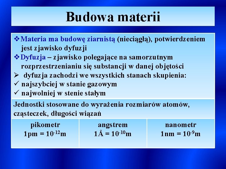 Budowa materii v. Materia ma budowę ziarnistą (nieciągłą), potwierdzeniem jest zjawisko dyfuzji v. Dyfuzja