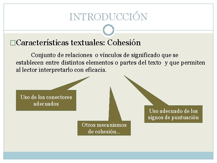 INTRODUCCIÓN �Características textuales: Cohesión Conjunto de relaciones o vínculos de significado que se establecen