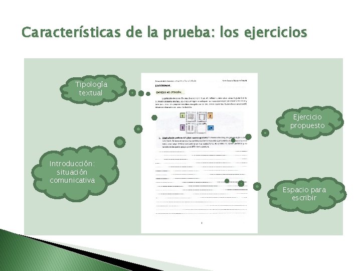 Características de la prueba: los ejercicios Tipología textual Ejercicio propuesto Introducción: situación comunicativa Espacio