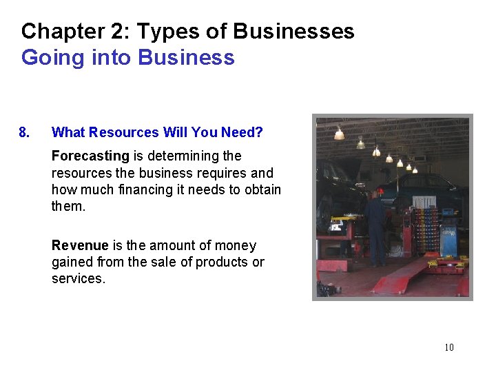 Chapter 2: Types of Businesses Going into Business 8. What Resources Will You Need?