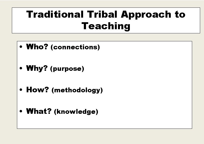 Traditional Tribal Approach to Teaching • Who? (connections) • Why? (purpose) • How? (methodology)