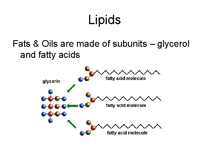 Lipids Fats & Oils are made of subunits – glycerol and fatty acids Lipids Fats & Oils are made of subunits – glycerol and fatty acids