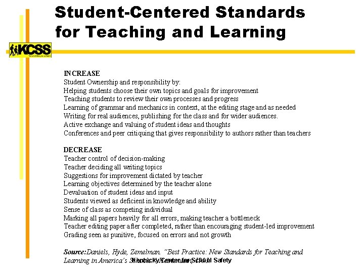 Student-Centered Standards for Teaching and Learning INCREASE Student Ownership and responsibility by: Helping students