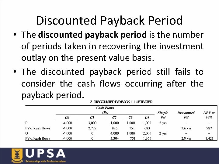 Discounted Payback Period • The discounted payback period is the number of periods taken