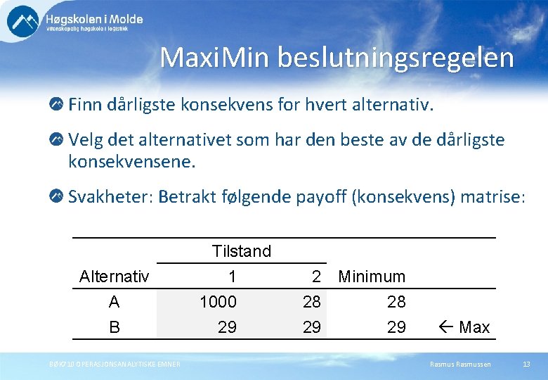 Maxi. Min beslutningsregelen Finn dårligste konsekvens for hvert alternativ. Velg det alternativet som har