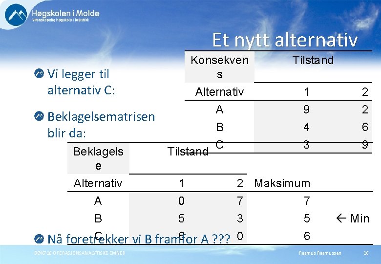 Et nytt alternativ Vi legger til alternativ C: Beklagelsematrisen blir da: Beklagels e Konsekven