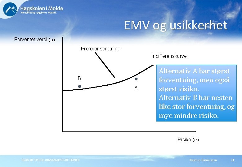 EMV og usikkerhet Forventet verdi (m) Preferanseretning Indifferenskurve B A Alternativ A har størst