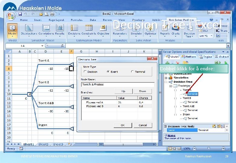 Decision Tree i Excel Dobbel-klikk for å endre: BØK 710 OPERASJONSANALYTISKE EMNER Rasmussen 29
