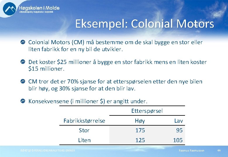 Eksempel: Colonial Motors (CM) må bestemme om de skal bygge en stor eller liten