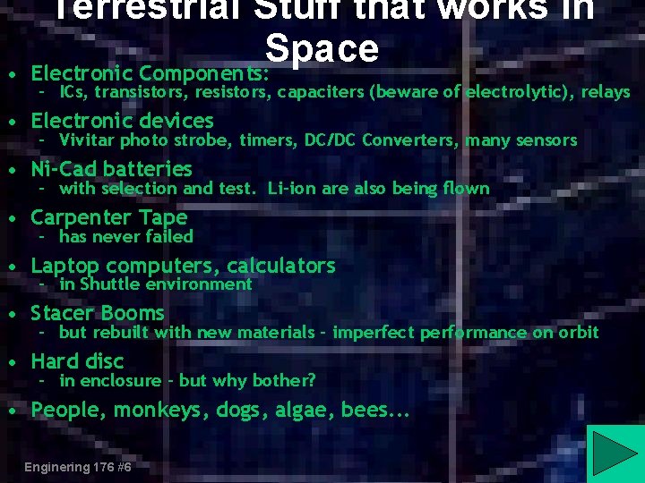  • Terrestrial Stuff that works in Space Electronic Components: – ICs, transistors, resistors,