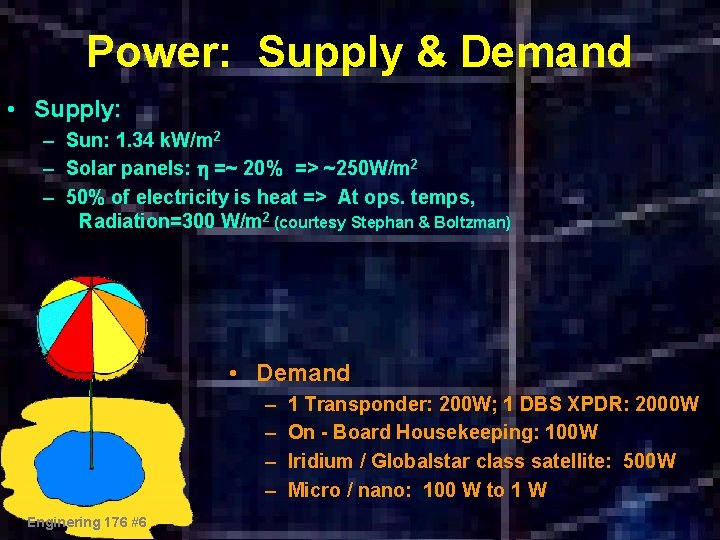 Power: Supply & Demand • Supply: – Sun: 1. 34 k. W/m 2 –