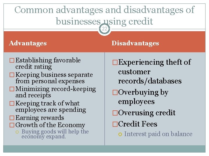 Common advantages and disadvantages of businesses using credit 22 Advantages Disadvantages � Establishing favorable