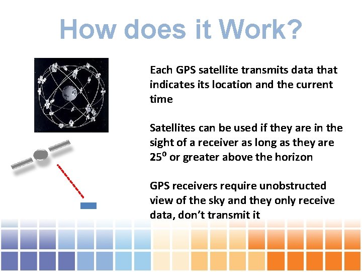 How does it Work? Each GPS satellite transmits data that indicates its location and
