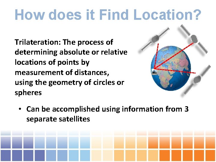 How does it Find Location? Trilateration: The process of determining absolute or relative locations