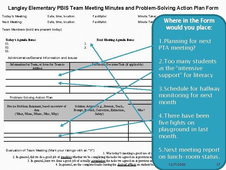 Langley Elementary PBIS Team Meeting Minutes and Problem-Solving Action Plan Form Today’s Meeting: Date,