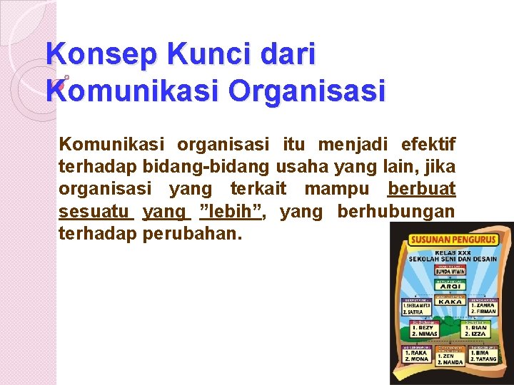 Konsep Kunci dari Komunikasi Organisasi Komunikasi organisasi itu menjadi efektif terhadap bidang-bidang usaha yang