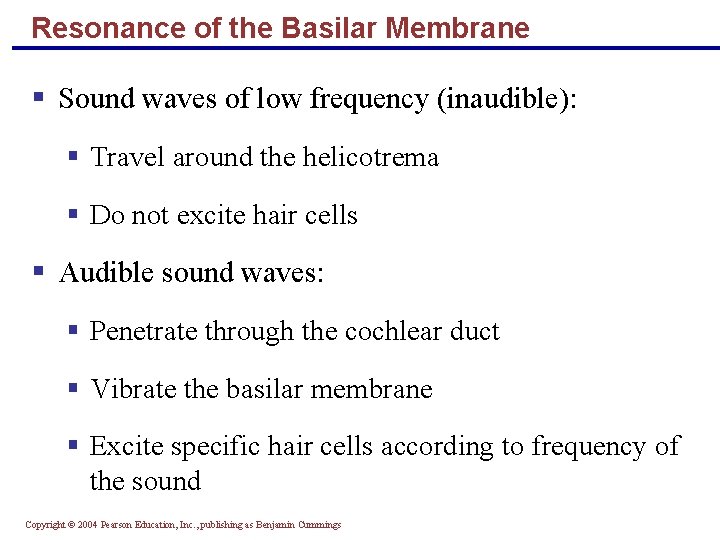 Resonance of the Basilar Membrane § Sound waves of low frequency (inaudible): § Travel