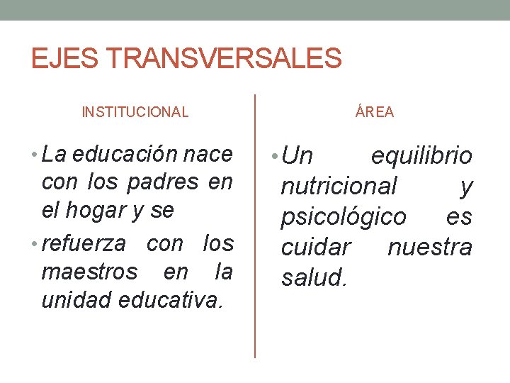 EJES TRANSVERSALES INSTITUCIONAL • La educación nace con los padres en el hogar y