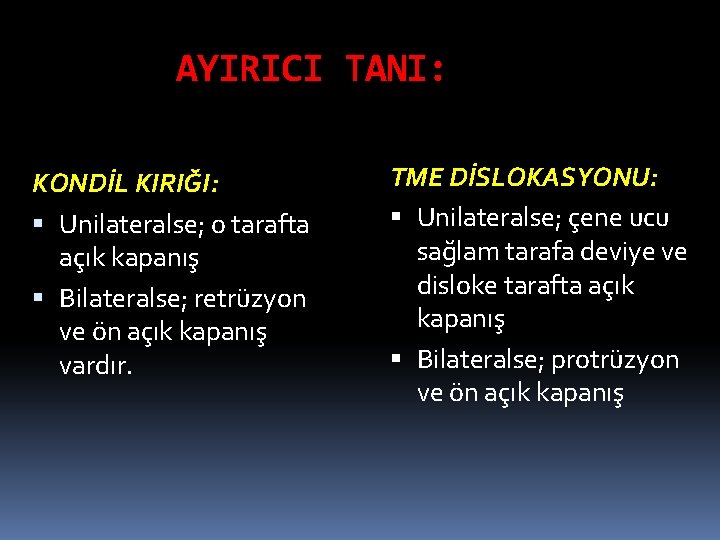 AYIRICI TANI: KONDİL KIRIĞI: Unilateralse; o tarafta açık kapanış Bilateralse; retrüzyon ve ön açık