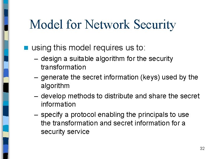 Model for Network Security n using this model requires us to: – design a