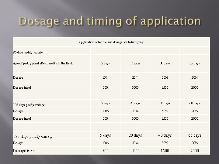 Application schedule and dosage for foliar spray. 85 days paddy variety Age of paddy