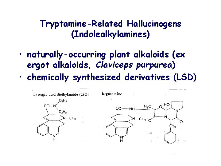 Tryptamine-Related Hallucinogens (Indolealkylamines) • naturally-occurring plant alkaloids (ex ergot alkaloids, Claviceps purpurea) • chemically