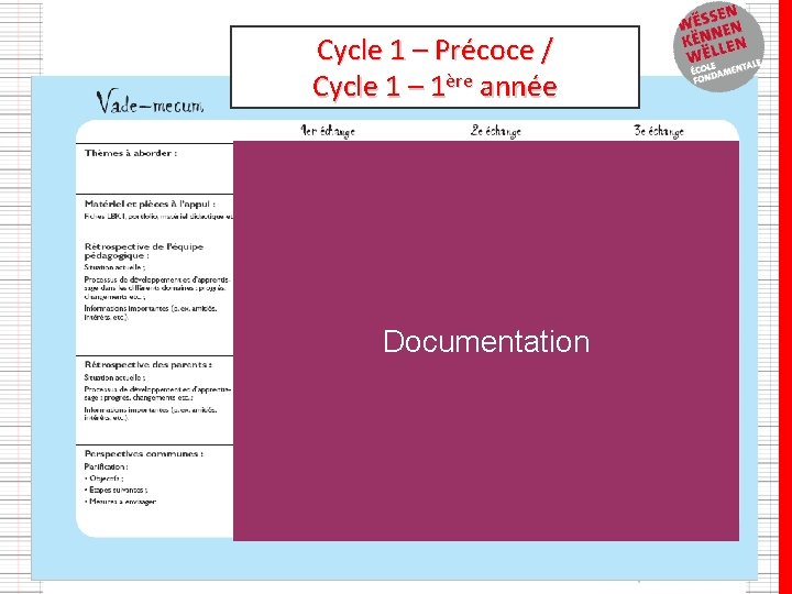 Cycle 1 – Précoce / Cycle 1 – 1ère année Information Échange Documentation Information