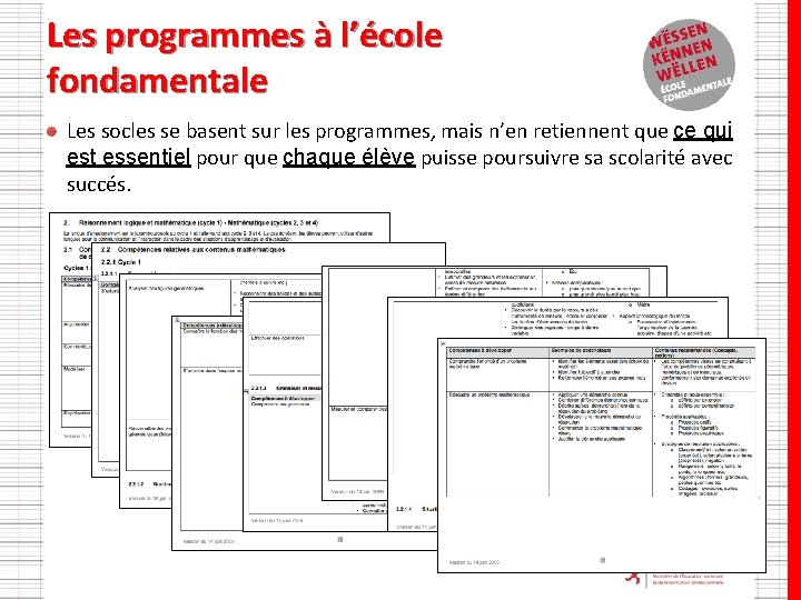 Les programmes à l’école fondamentale Les socles se basent sur les programmes, mais n’en