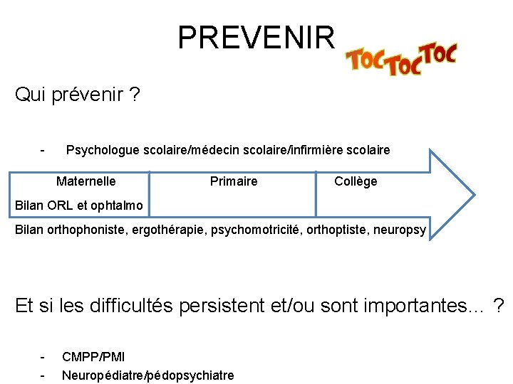 PREVENIR Qui prévenir ? - Psychologue scolaire/médecin scolaire/infirmière scolaire Maternelle Primaire Collège Bilan ORL