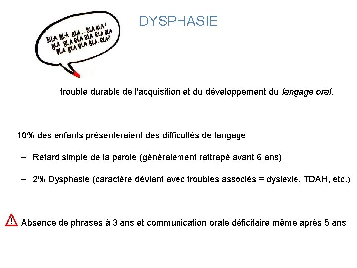 DYSPHASIE trouble durable de l'acquisition et du développement du langage oral. 10% des enfants