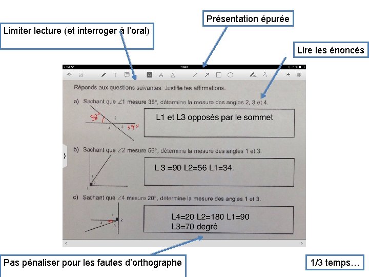 Présentation épurée Limiter lecture (et interroger à l’oral) Lire les énoncés Pas pénaliser pour