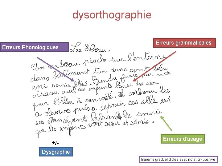 dysorthographie Erreurs Phonologiques +/- Erreurs grammaticales Erreurs d’usage Dysgraphie Barême graduel dictée avec notation-positive
