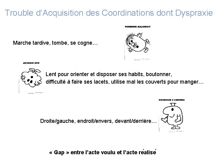 Trouble d’Acquisition des Coordinations dont Dyspraxie Marche tardive, tombe, se cogne… Lent pour orienter