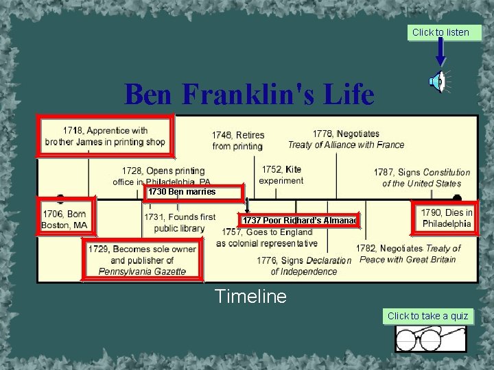 Click to listen Ben Franklin's Life • 1730 Ben marries • • • 1737