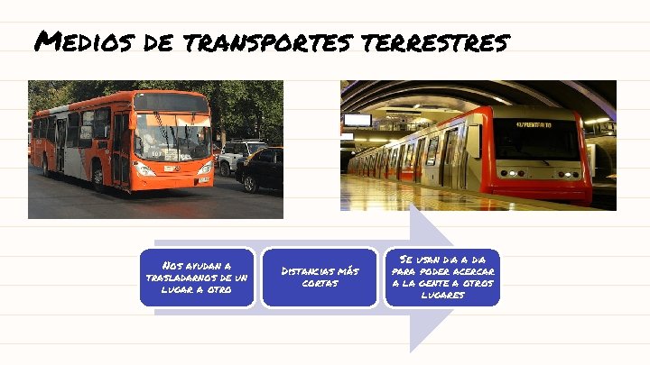 Medios de transportes terrestres Nos ayudan a trasladarnos de un lugar a otro Distancias
