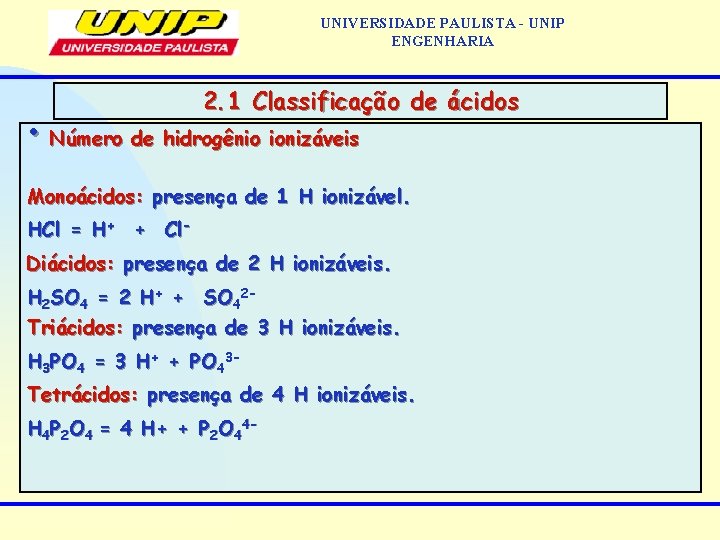 UNIVERSIDADE PAULISTA - UNIP ENGENHARIA 2. 1 Classificação de ácidos • Número de hidrogênio