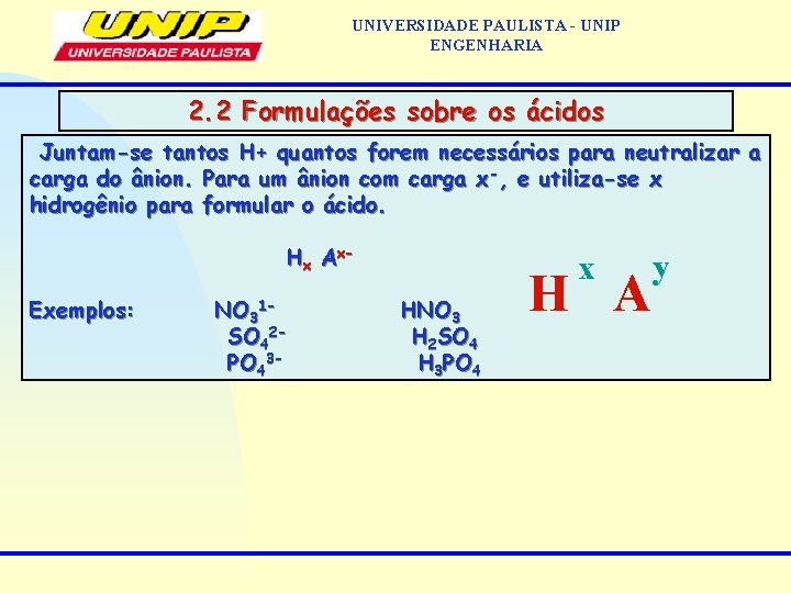 UNIVERSIDADE PAULISTA - UNIP ENGENHARIA 2. 2 Formulações sobre os ácidos Juntam-se tantos H+