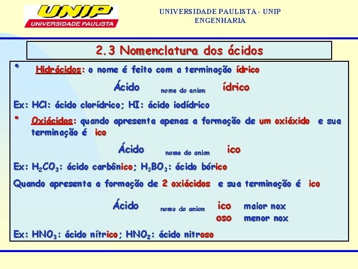 UNIVERSIDADE PAULISTA - UNIP ENGENHARIA • 2. 3 Nomenclatura dos ácidos Hidrácidos: o nome