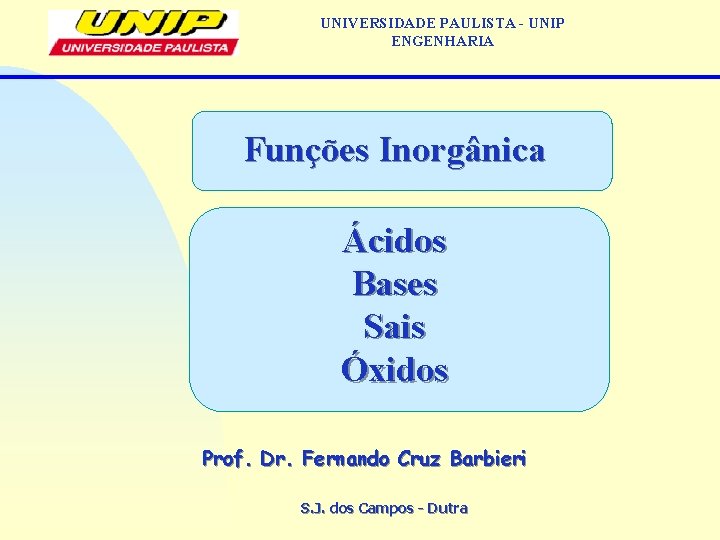 UNIVERSIDADE PAULISTA - UNIP ENGENHARIA Funções Inorgânica Ácidos Bases Sais Óxidos Prof. Dr. Fernando