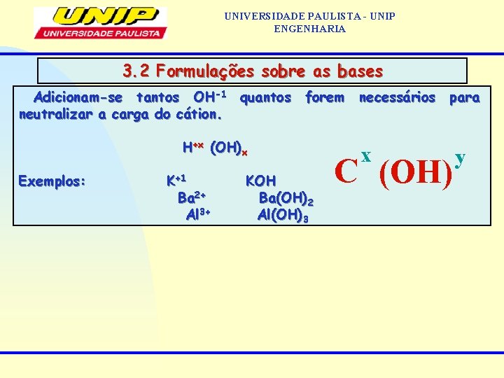 UNIVERSIDADE PAULISTA - UNIP ENGENHARIA 3. 2 Formulações sobre as bases Adicionam-se tantos OH-1