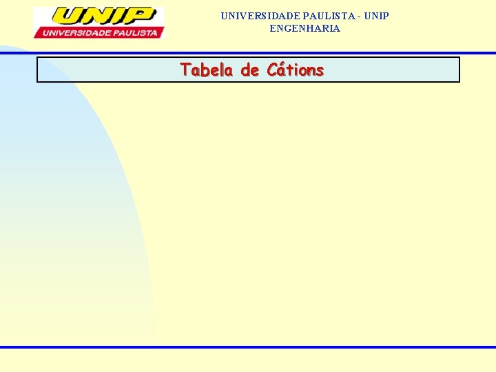 UNIVERSIDADE PAULISTA - UNIP ENGENHARIA Tabela de Cátions 