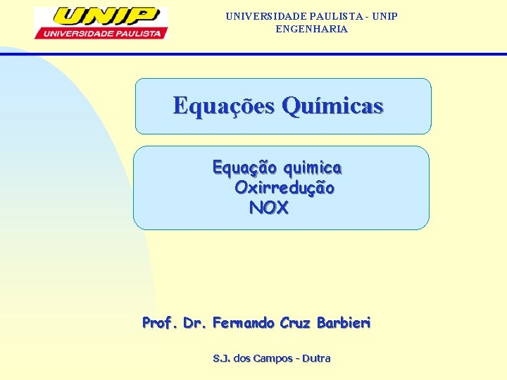 UNIVERSIDADE PAULISTA - UNIP ENGENHARIA Equações Químicas Equação quimica Oxirredução NOX Prof. Dr. Fernando