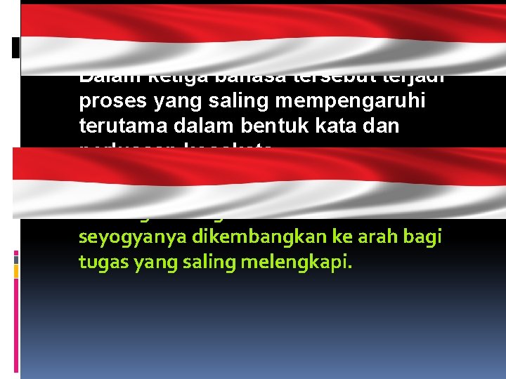 Dalam ketiga bahasa tersebut terjadi proses yang saling mempengaruhi terutama dalam bentuk kata dan