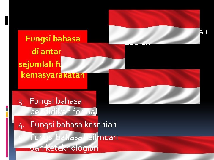 Fungsi bahasa di antara sejumlah fungsi kemasyarakatan 1. Fungsi bahasa resmi pada taraf negara