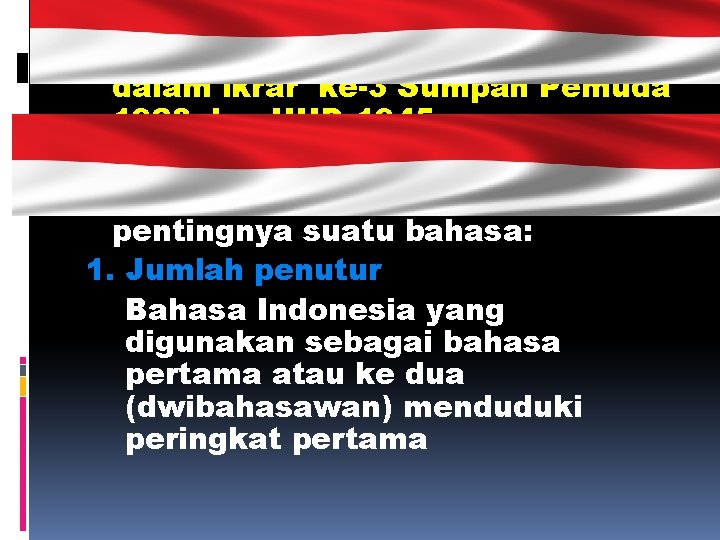 Bahasa Indonesia tercantum dalam ikrar ke-3 Sumpah Pemuda 1928 dan UUD 1945. Patokan yang