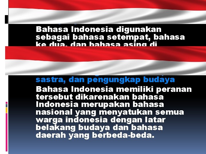 2. Luas penyebaran Bahasa Indonesia digunakan sebagai bahasa setempat, bahasa ke dua, dan bahasa