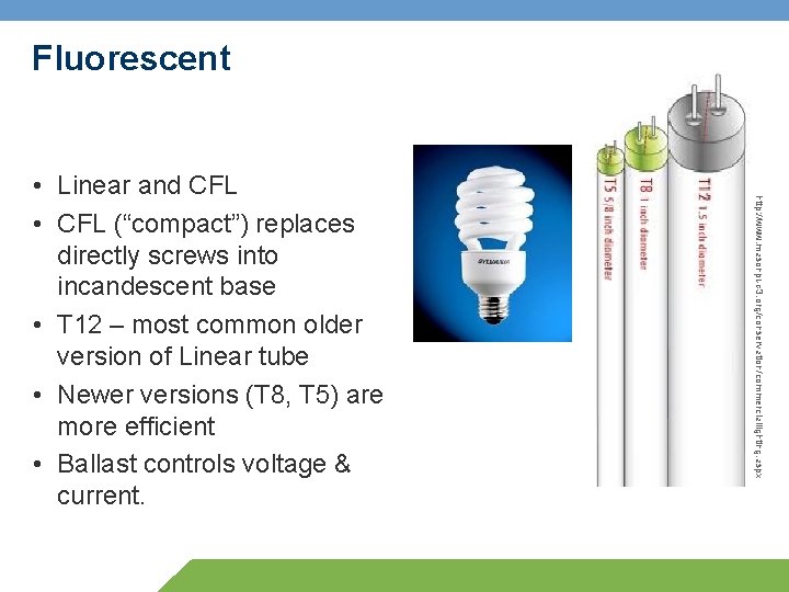 Fluorescent http: //www. masonpud 3. org/conservation/commerciallighting. aspx • Linear and CFL • CFL (“compact”)