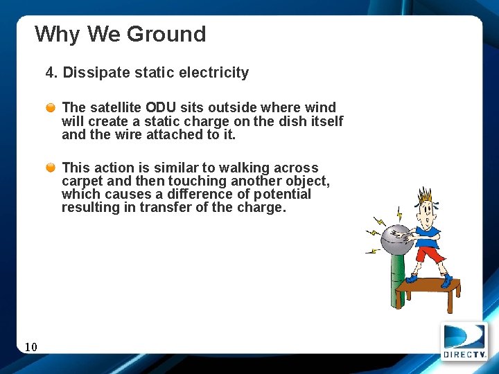 Why We Ground 4. Dissipate static electricity The satellite ODU sits outside where wind